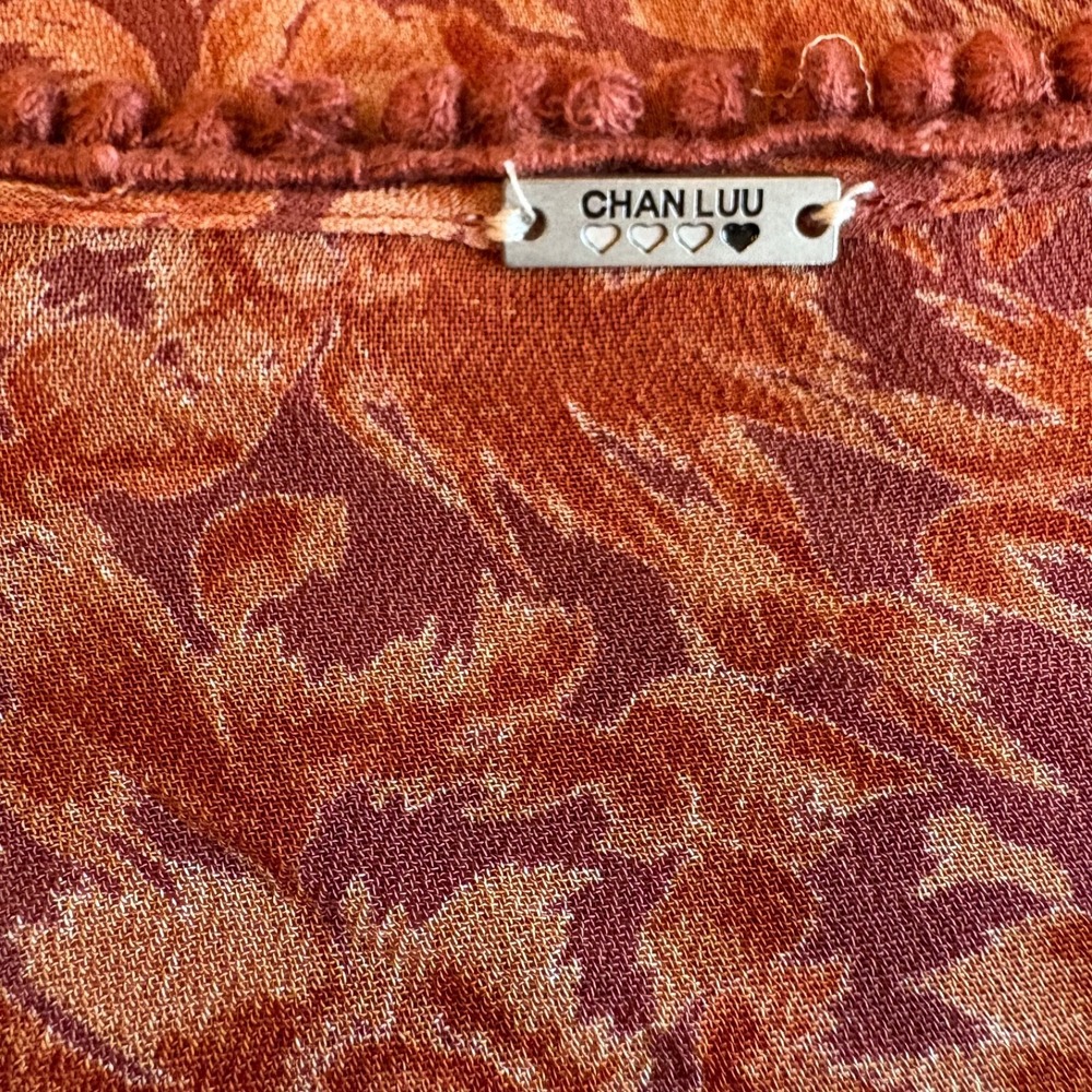 Chan Luu Boho‎ Floral Open Front Kimono Cardigan Ruffle Hem Brown Rust Sz Large - Picture 9 of 12